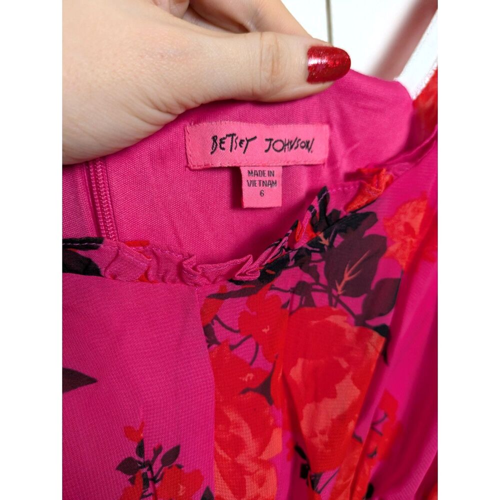 Betsey Johnson Smocked Hot Pink Floral Babydoll Mini Dress w/ Long Sleeves Sz 6 - Picture 5 of 8